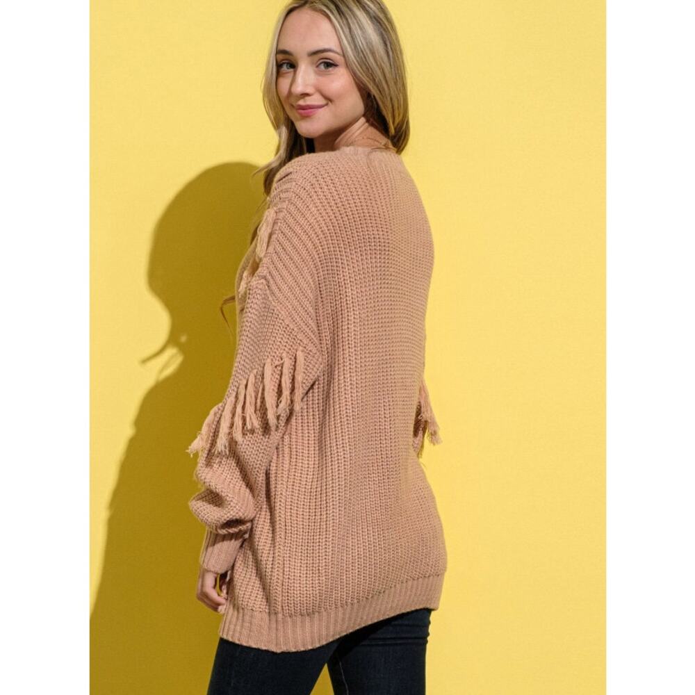 Chunky Fringe Sweater Boho Knit Tan Oversized Size S/M - Picture 3 of 5